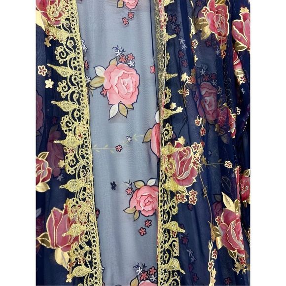 2 Piece Indian Outfit Sheer Robe & Dress Blue and Gold Floral Embroidery Tunic - Picture 5 of 14